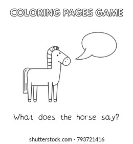 Funny horse kids learning game. Vector coloring book pages for children