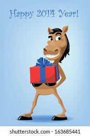 Funny horse with present, christmas background
