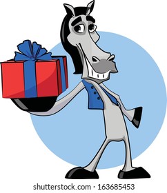 Funny horse with present, christmas background