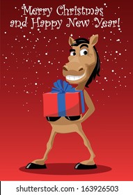 Funny horse with present, christmas background 