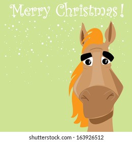 Funny horse with present, christmas background 