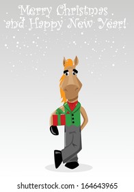 Funny horse with present, christmas background 