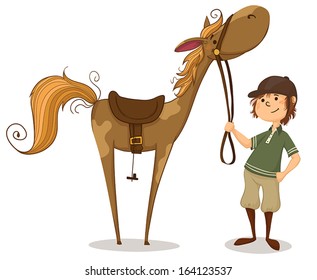 Funny horse with a saddle and a boy.