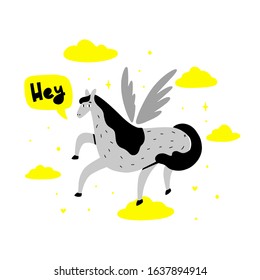 Funny horse says hey hand drawn flat color illustration. Unicorn sketch drawing. Animal isolated cartoon character. Typography design