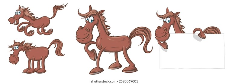 Funny  horse set in different poses. Collection isolated horse in cartoon style. vector illustration
