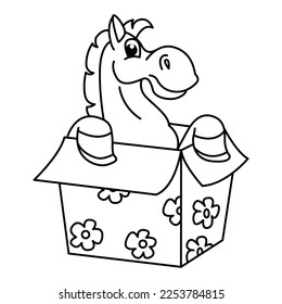 Funny horse sitting in box gift cartoon characters vector illustration. For kids coloring book.