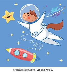 funny horse in space, planets, cute star, rocket, cute horse, year of the horse, fun, cute illustration, poster, calendar horse, screensaver, print, print for fabric, textile, children, cool, plot