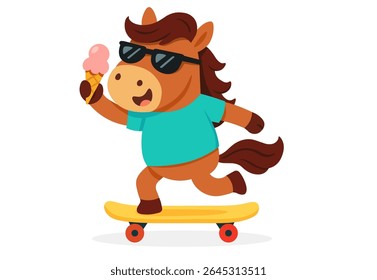 Funny horse in sunglasses riding a skateboard while eating an ice cream. Cute and playful character for summer kids design.