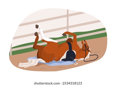 Resultó un caballo gracioso, rodando hacia atrás. Comportamiento equino juguetón con las piernas hacia arriba. Semental acostado en el suelo, disfrutando y frotando contra la tierra. Ilustración vectorial plana aislada sobre fondo blanco