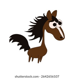 Funny horse. Whimsical 2026 zodiac animal isolated transparent background. Cute horse with long neck. Vector illustration of nursety silly horse. Ideal kids art room design child sticker. EPS 10
