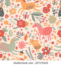 Funny horses with rabbits on flower meadow. Cute cartoon seamless pattern in vector