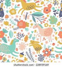 Funny horses with rabbits on flower meadow. Bright cartoon seamless pattern in vector