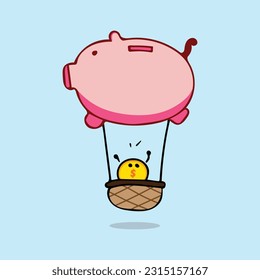 funny hot air balloon piggybank with coin vector Cartoon Mascot Character Vector illustration color children cartoon clipart by wordspotrayal