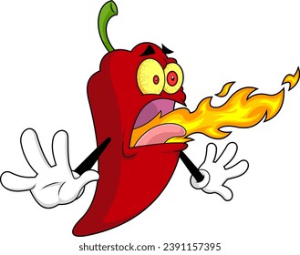 Funny Hot Chili Pepper Cartoon Character Breathing Fire. Vector Hand Drawn Illustration Isolated On Transparent Background