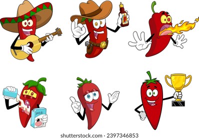 Funny Hot Chili Pepper Cartoon Characters. Vector Hand Drawn Collection Set Isolated On Transparent Background