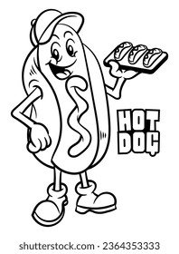 Funny Hot dog cartoon character wearing a cap, and selling a tray of hot dogs. "hot dog" lettering text. Best for outline, logo, and coloring book with street food and fast food restaurant themes