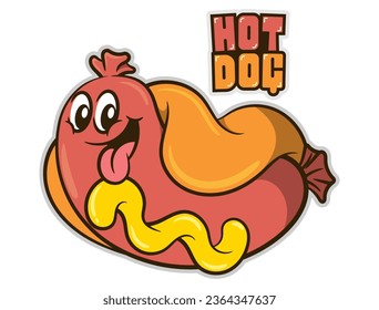 Funny Hot dog cartoon mascot character flying at grill. "hot dog" lettering text. Best for sticker, logo, and mascot with street food and fast food restaurant themes