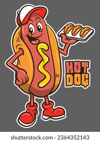 Funny Hot dog cartoon mascot character wearing a cap, and selling a tray of hotdogs. "hot dog" lettering text. Best for sticker, logo, and mascot with street food and fast food restaurant themes