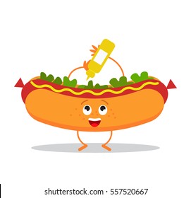 Funny hot dog in a cartoon style. flat vector illustration isolate on a white background