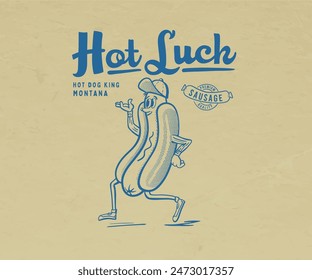 funny hot dog cartoon vintage illustration, retro vintage sausage character design, hot dog fast food art for t shirt, sticker, poster, logotype artwork with typography 