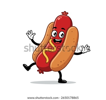 Funny hot dog character with big eyes and mustard swirl, energetic and playful pose, isolated on white background – great for food marketing.