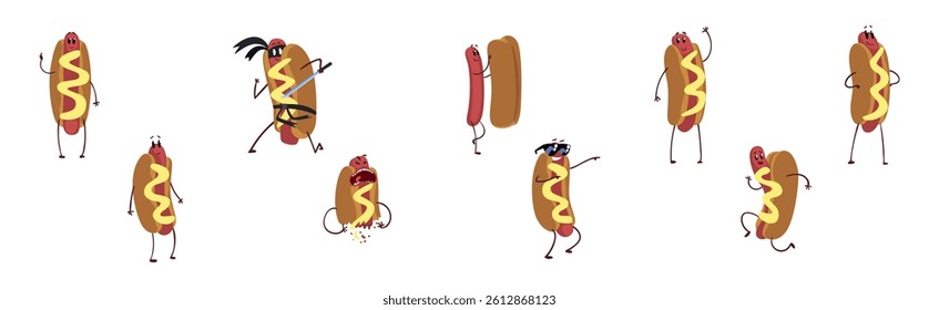 Funny Hot Dog Character with Face Different Activity Vector Set