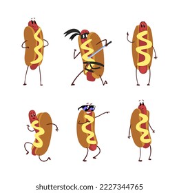 Funny hot dog characters set. Cute fast food in different actions cartoon vector illustration