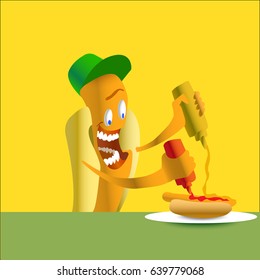 Funny hot dog, cook. Vector image.