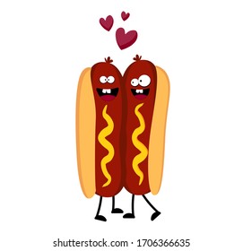 Funny hot dog. Hot dog. Cute fast food vector character set isolated on white.