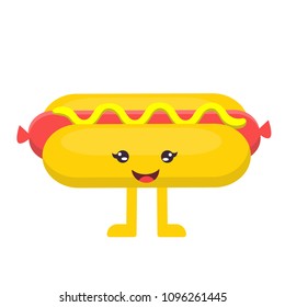 Funny Hot Dog With A Cute Smile Face. Peace. Fast Food. Sausage With Human Face. Two Legs.  Modern Style Vector Flat Illustration Icons. Isolated On White Background.