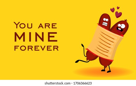 Funny hot dog. French hot dog. Cute fast food vector illustration.
