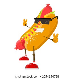 Funny hot dog in glasses and with a smile. Peace. Fast food. Sausage with human face. Big shoes.  Modern style vector illustration icons. Isolated on white background.