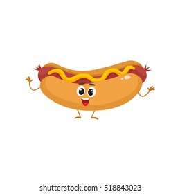 Funny hot dog, wiener, frankfurter character with eyes, legs, and a wide smile