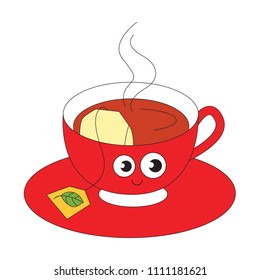 Funny Hot Tea Cup cartoon. Outlined illustration with thin line black stroke