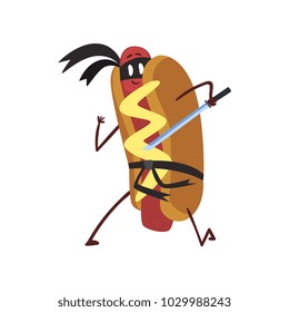 Funny hotdog ninja with sword, humanized fast food character with mustard vector Illustration