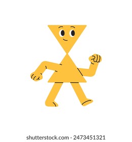 Funny hourglass shape walks. Childish sandglass figure strolls. Cute geometric character of triangles goes. Happy emotions, facial expression. Flat isolated vector illustration on white background