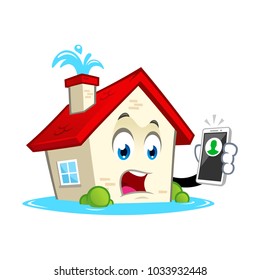 Funny House Character With Water Leaks, Cartoon Style