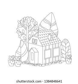 funny house with decorative trees for your coloring book