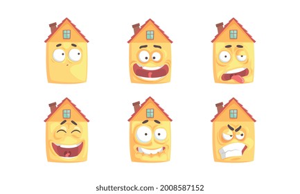 Funny House with Different Emotions Set, Cute Yellow Cottage Cartoon Character with Pensive, Surprised, Frightened, Bored, Angry Face Expressions Cartoon Vector Illustratio