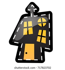 Funny house with glowing windows with contours in the form of strokes and dotted lines isolated on white background. Idea for a sticker or sew-on patches in style of Halloween. Vector cartoon close-up