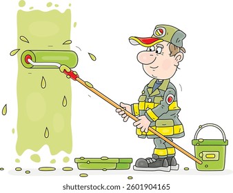 Funny house painter with his paint roller, tray and bucket industriously painting a wall of a house, vector cartoon illustration on a white background