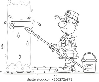 Funny house painter with his paint roller, tray and bucket industriously painting a wall of a house, black and white outline vector cartoon illustration for a coloring book