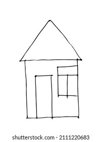 Funny house in the style of a child's drawing. Outline sketch. Hand drawing is isolated on a white background. Vector.