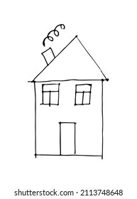 Funny house in the style of a child's drawing. Outline sketch. Hand drawing is isolated on a white background. Vector.
