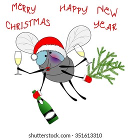 Funny housefly celebrating Christmas and New Year