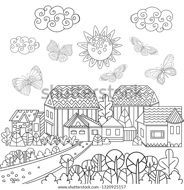 Funny Houses Butterflies Your Coloring Page Stock Vector (Royalty Free ...