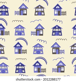 Funny houses pattern on a beige background vector illustration. In a flat style for printing on textiles and souvenirs.