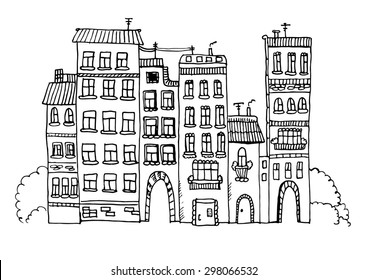 funny houses sketch ink vector illustration