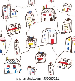 Funny houses in the town seamless pattern - vector graphic illustration