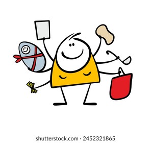 Funny housewife and six hands. Vector illustration of a woman who manages to do everything. Doodle successful mother. Isolated hand drawn girl on white background.